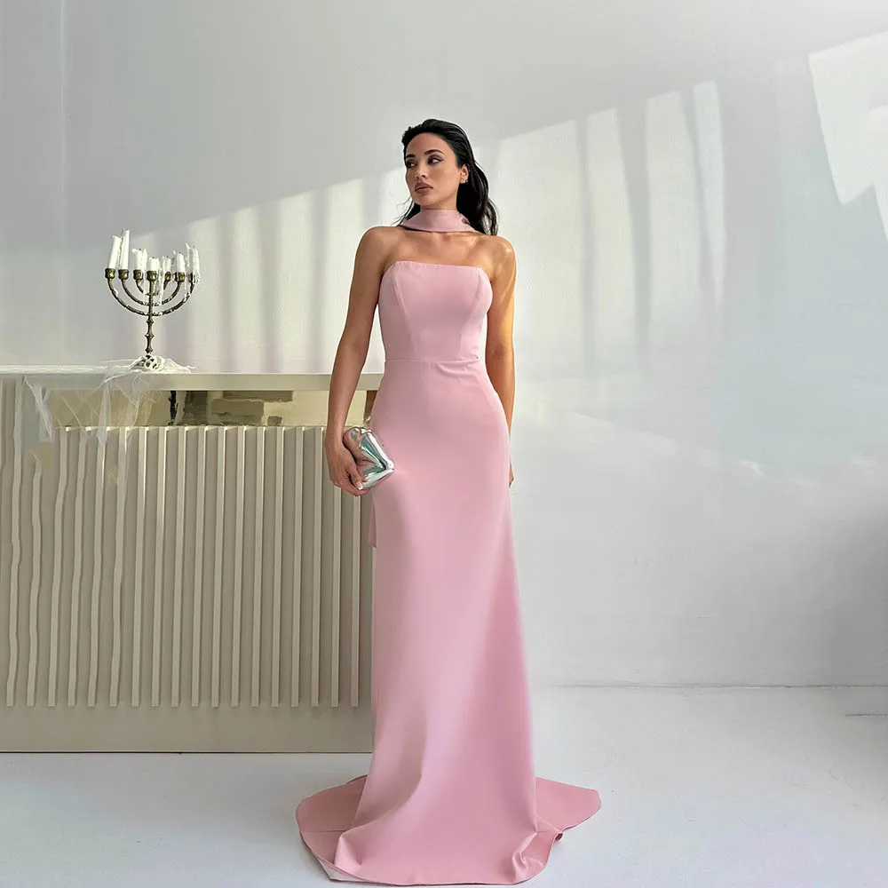 

Msikoods Elegant Pink Strapless Evening Dresses Simple Mermaid Formal Gown Crepe Prom Dress Wedding Party Dress Customized