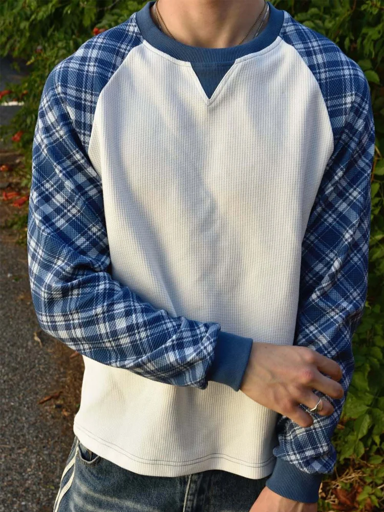 Women American Vintage Y2K Waffle Knit Raglan T-shirt Blue Plaid Spliced V-notch Neck Loose Long Sleeve Casual Street Top