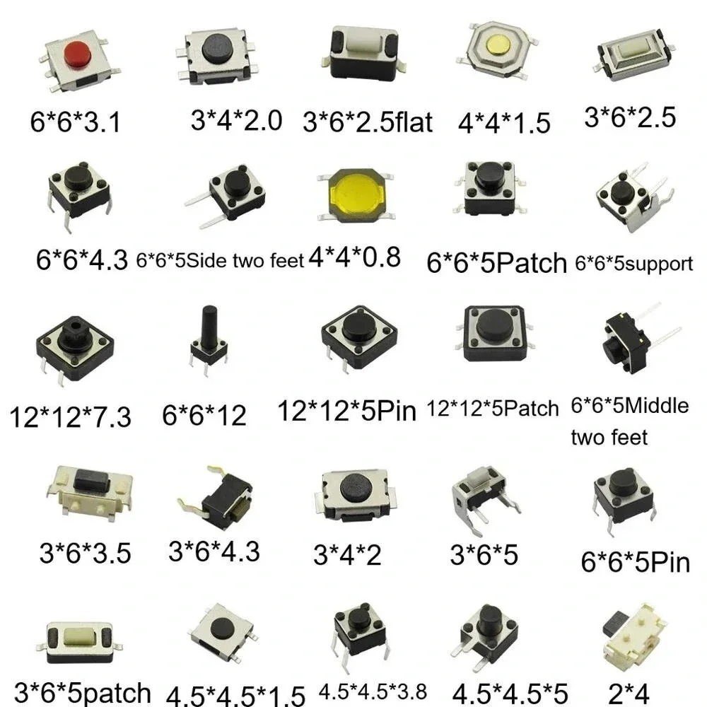 250pcs 25 Values Micro Switch Assorted Push Button Tact Switches Reset Mini Leaf Switch SMD DIP DIY Kit + Box