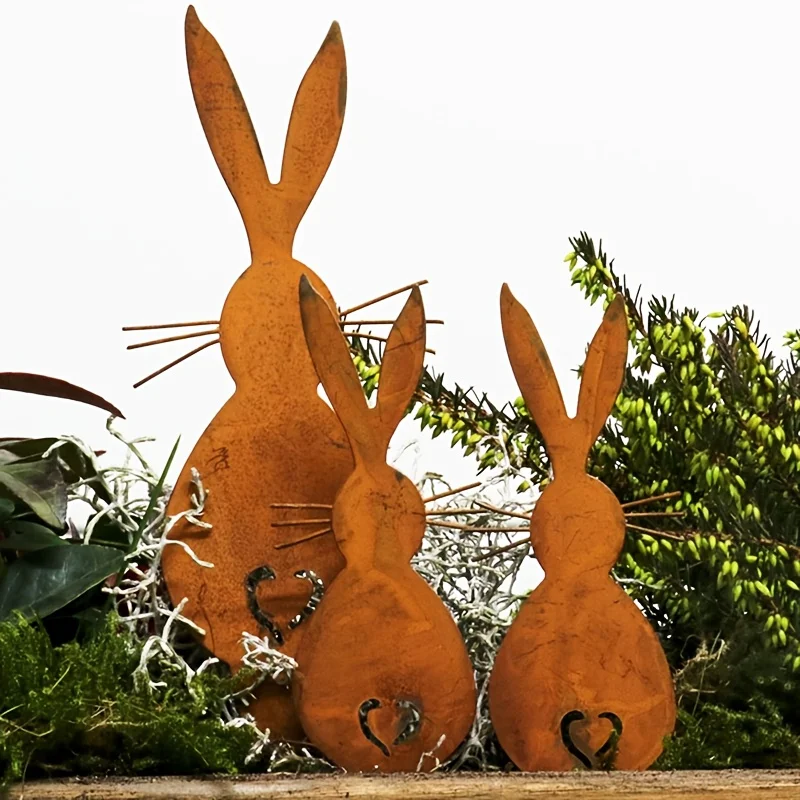 3pcs Rustic Metal Bunny Garden Stakes, Vintage Rusty Rabbit Yard Art Decor, Outdoor & Indoor Easter Bunny Ornaments