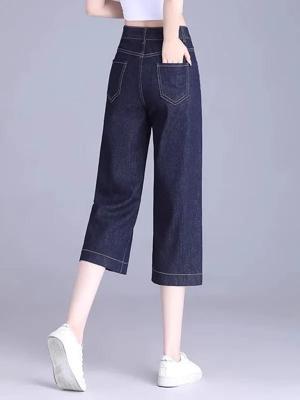 Deep Blue Denim Orts Lose, gerade, dünne Sommerjeans, hohe Taille, weites Bein, Hose für Damen, Ele und faionable Damenjeans