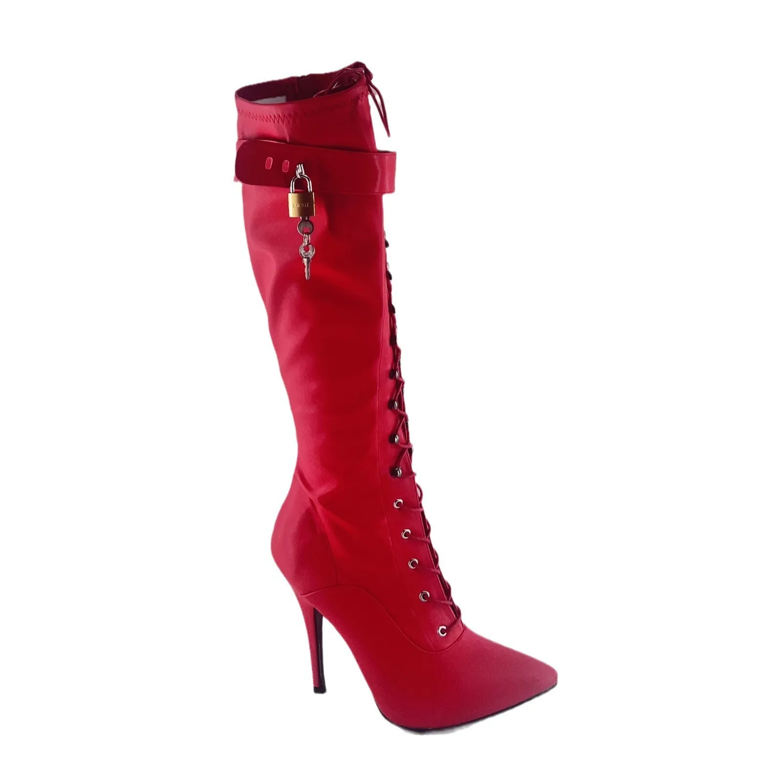 

Seek MATE ultra-high heel pointy tie knee boots red misty top lock fetish fashion boots large shoe design Bondage role-playing s