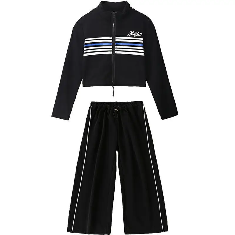 Ropa de Hip Hop Kpop para chico, camiseta corta a rayas negras con cremallera y cuello simulado, pantalones de chándal anchos informales para niña, ropa de traje de baile