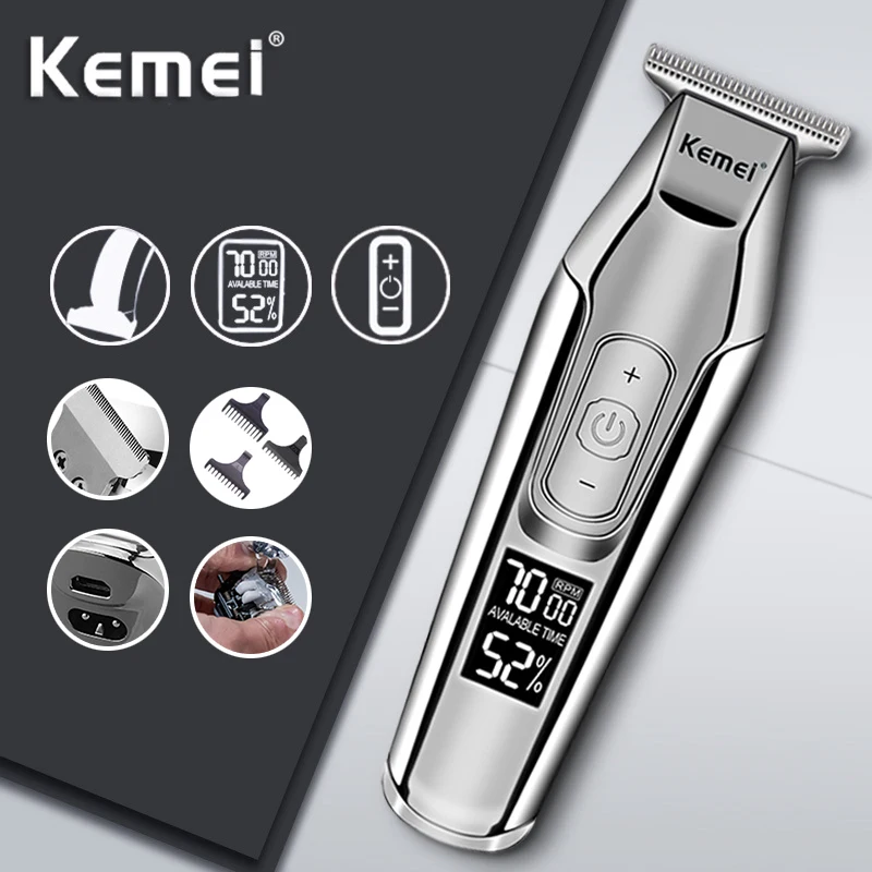 Kemei 5027 Barber Hair Trimmer Zero Gapped Cordless Edge Hair Clipper Close-cutting Machine for Lining Dry Shaving LCD Display