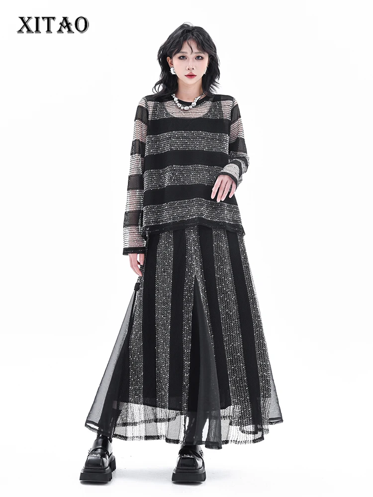 

XITAO женские полосатые вязаные комплекты с вырезами, новинка 2023 года, осенний женский топ с длинными рукавами нестандартной формы и юбка с эластичной резинкой на талии GJ1232