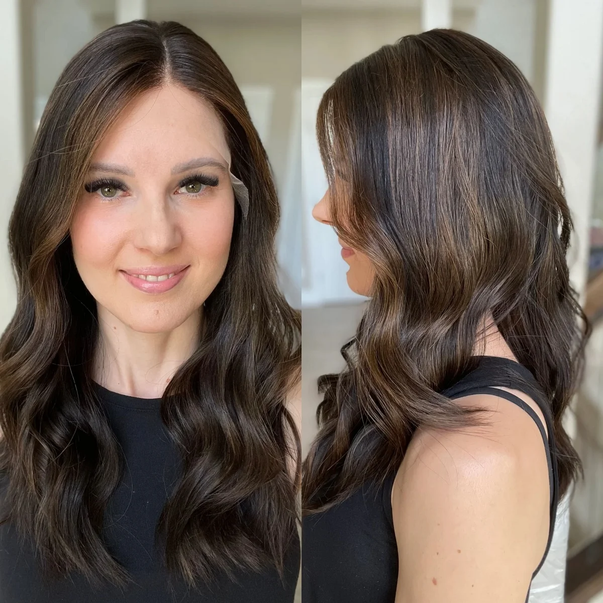 

New Style Premium Human Hair Blended Synthetic Wigs 22Inches Ombre Chestnut Brown Highlight Color Luxury Lace Top Wig for Women