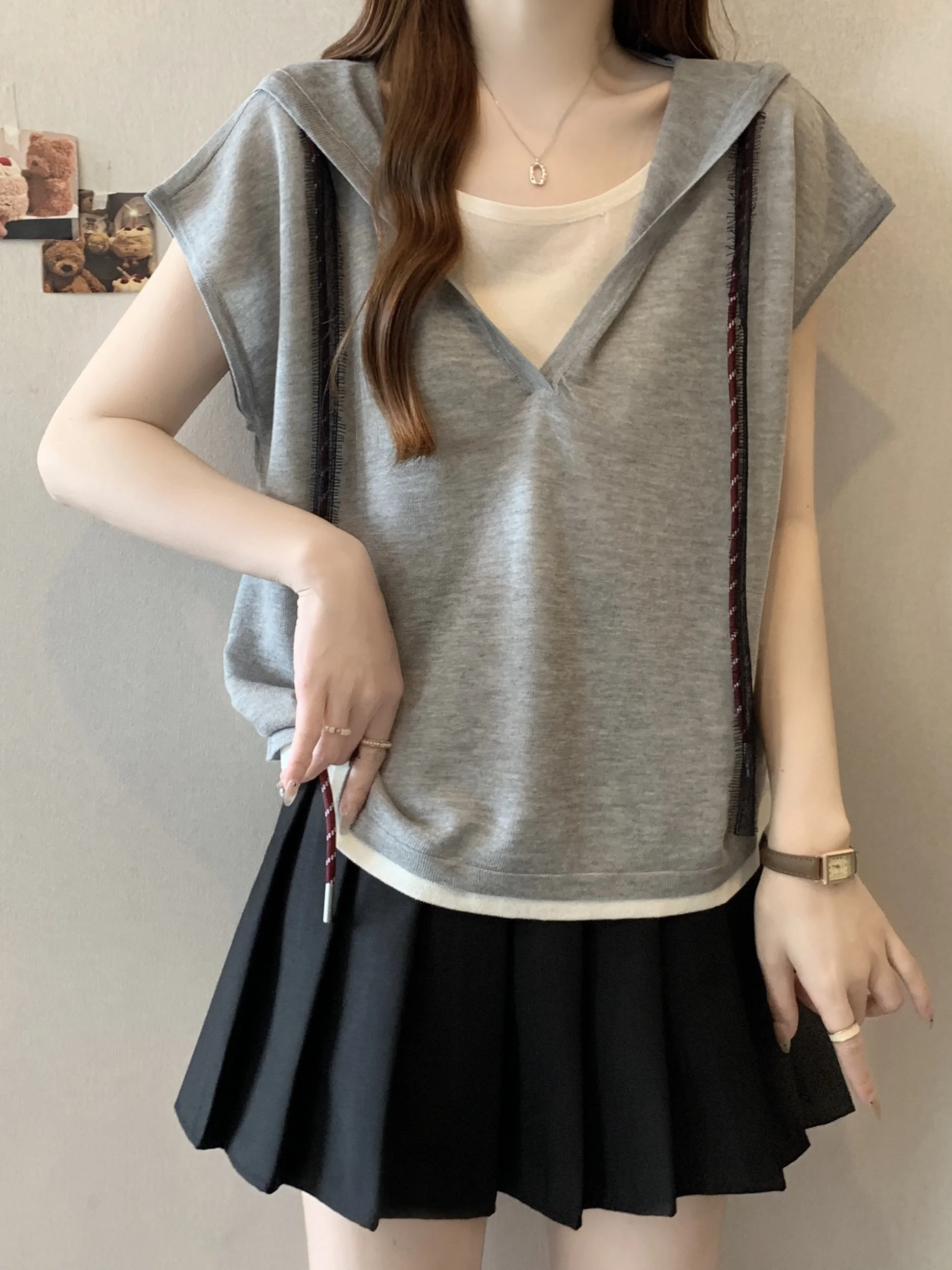 Casual Lazy Sle Dames T-shirt Zomer Plus Size Losse Veelzijdige Hoed Hoodie Jonge Faionable Grote Zus Afslanken Top