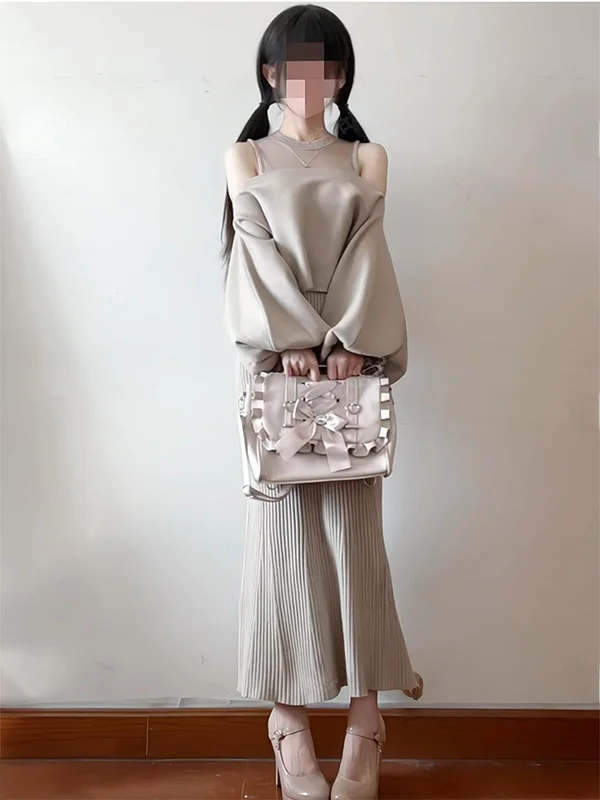 

Elegant Gentle Style Long Sleeve Knitted Vest Dress Women's Autumn Winter New Arrival Two-Piece Set High Waist Warm Polyester...