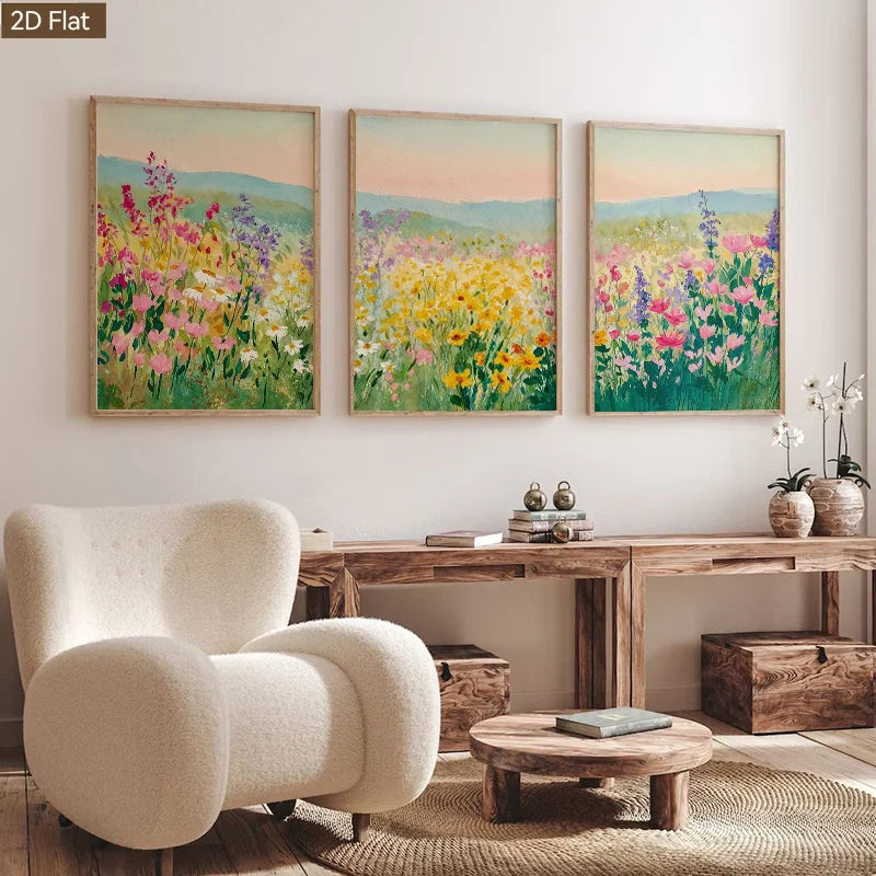 3PCS Frameless,2D Planar 3Pcs Watercolor Country-Style Canvas Poster Art Wall Painting Suitable for Bedroom, Dining Room, Home D