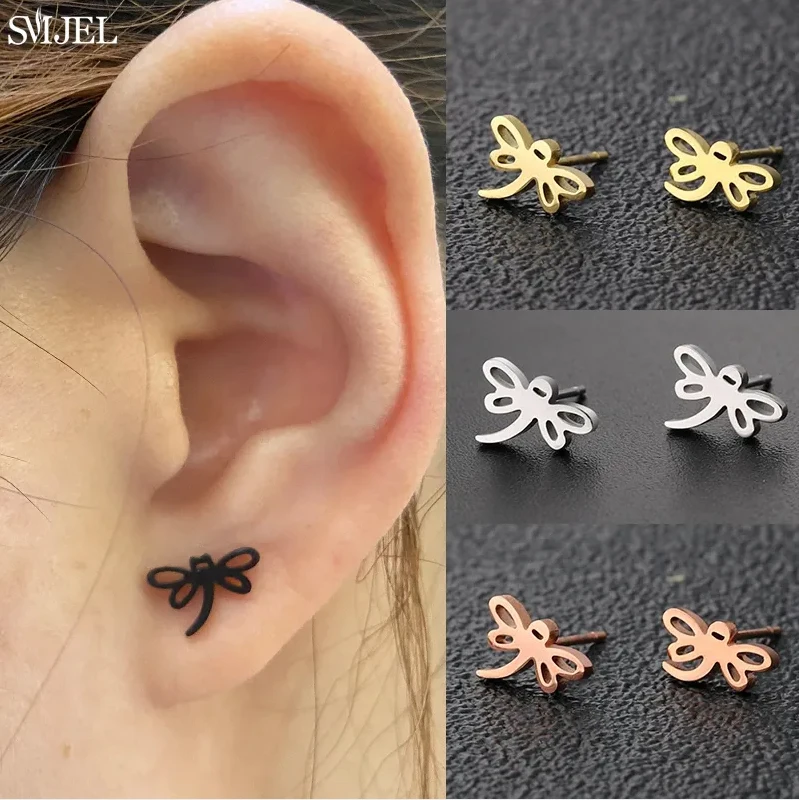 Vintage Dragonfly Earings Trendy Jewelry Cat Guitar Spider Mini Stud Earrings for Women Girls Simple T Bar Ear Piercing Gifts