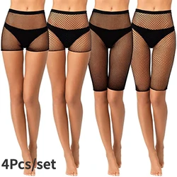 4Pcs Fishnet Shorts Pantyhose Fishnet Biker Short High Waisted Tights See Through Elastic Mesh Shorts for Women Girls