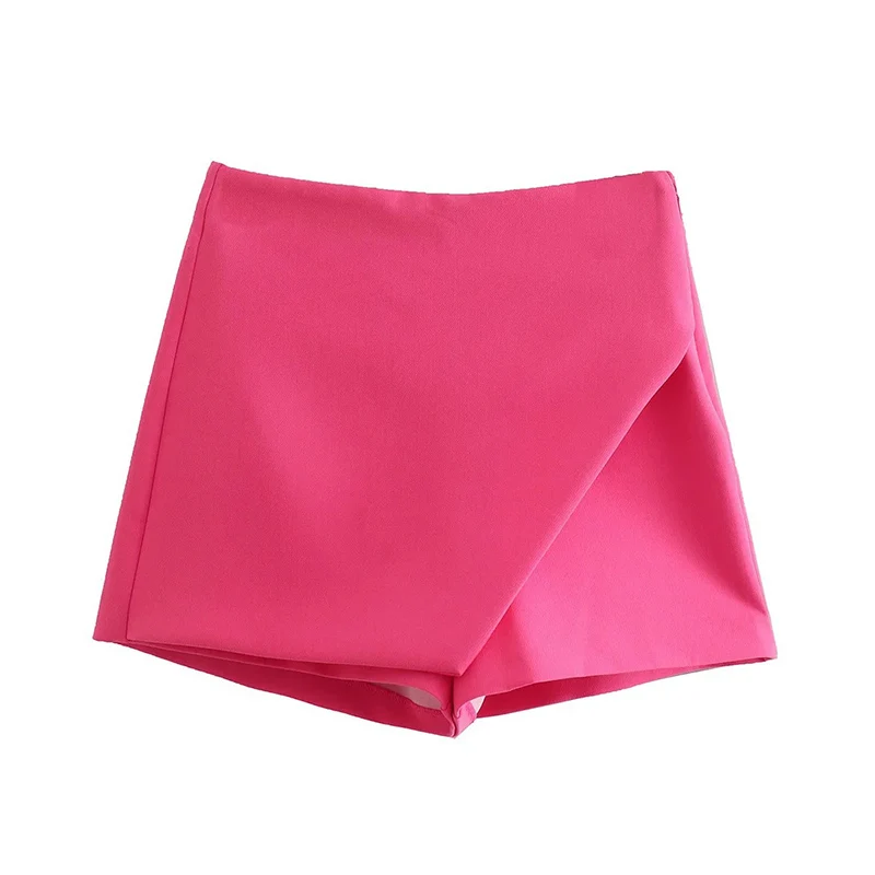 New Women Fashion Candy Color Asymmetrical Shorts Skirts Lady Zipper Fly Pockets Hot Shorts Chic Pantalone