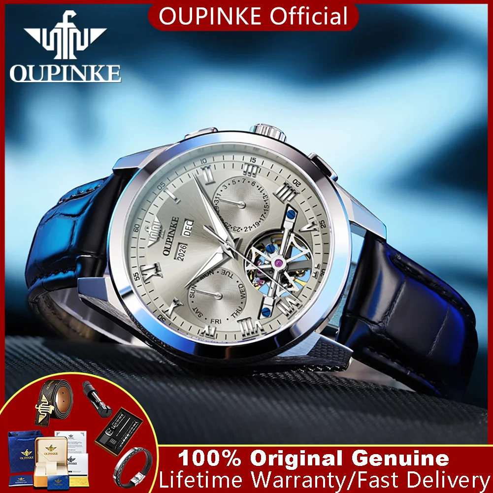 

OUPINKE 3281 Automatic Men's Watches Original Leather Strap Skeleton Flywheel 50M Waterproof Original Mechanical Watches for Man