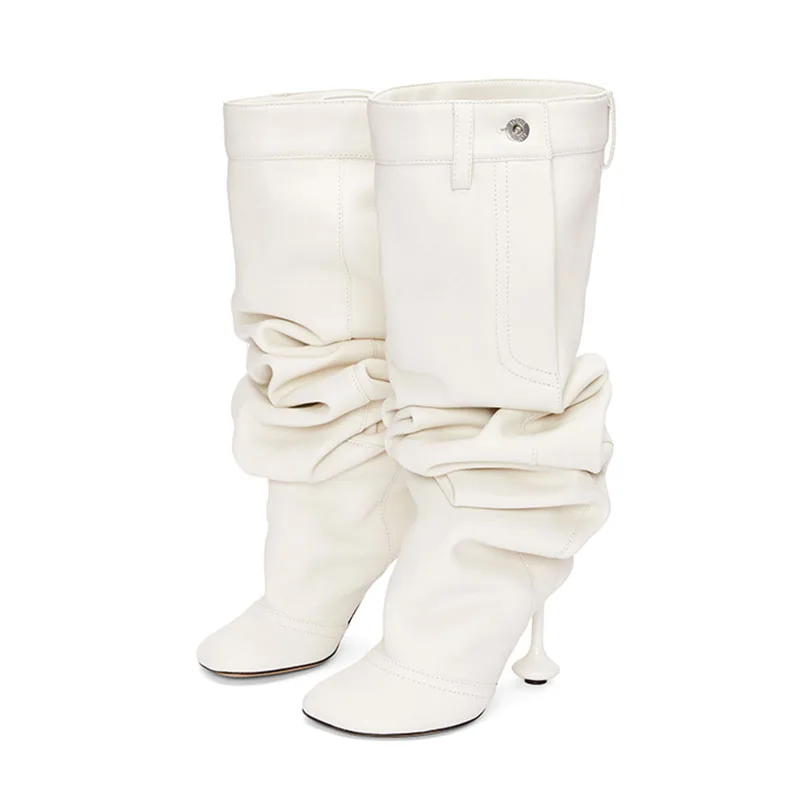 Arden Furtado 2024 Strange Style heel Thigh high boots Round toe Super high heel Patchwork Slip-on Pleated Modern boots