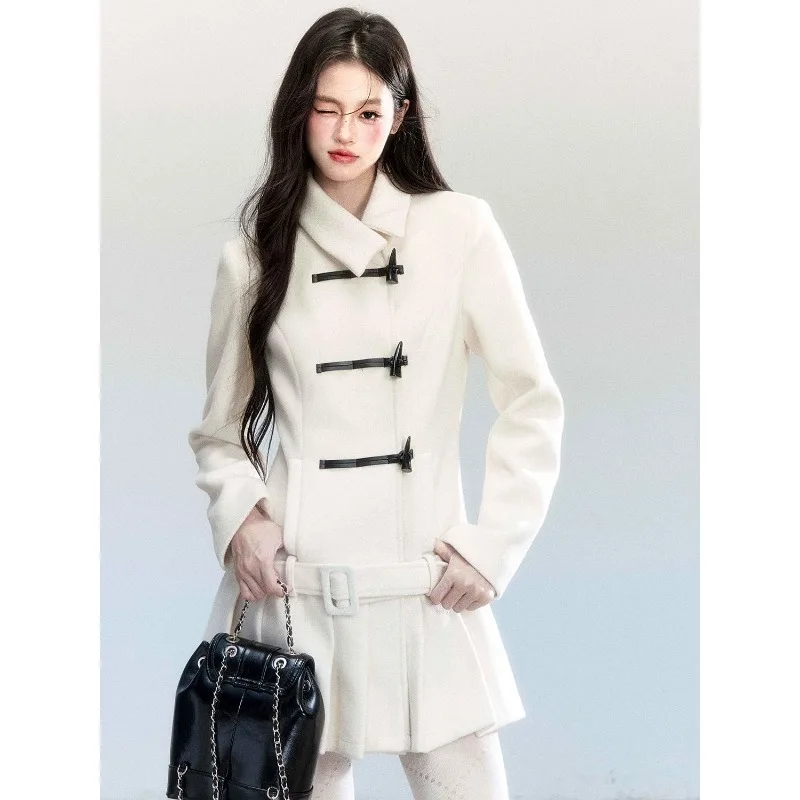 

French Sweet Horn Buckle Splicing Pleated Skirt Woolen Jacket Autumn New Commuter Top Women