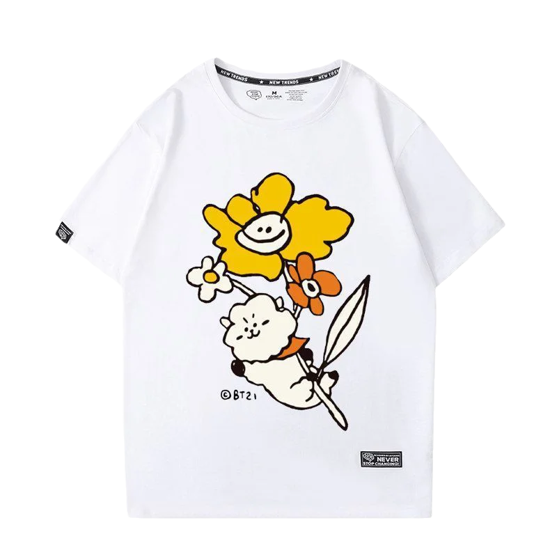 Bt21Ed Kawaii Anime Tata Rj Cooky T-Shirt Cute Cartoon Chimmy Round Neck Printing Flower Couple Short-Sleeved Girl Gift