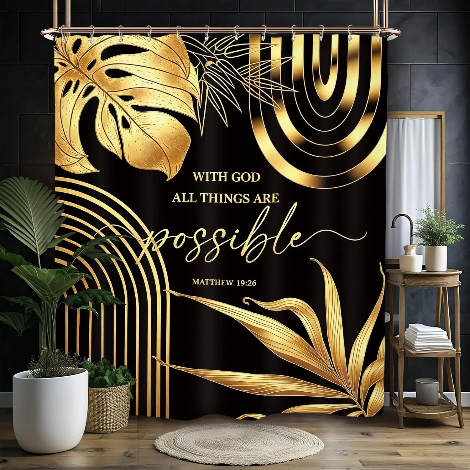 Elegant Gold Scripture Shower Curtain Faith Decor Christian Bathroom Curtain Liner With God Bible Verse Shower Curtains