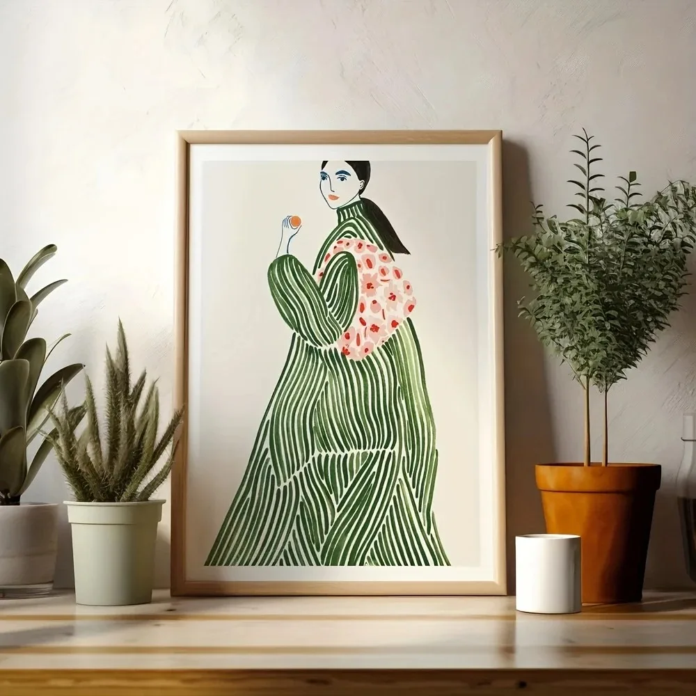 Abstract Women Read Books Coffee Canvas Art Prints Emerald Green Stripes Wall Art Posters for Modern Living Room Home Decor