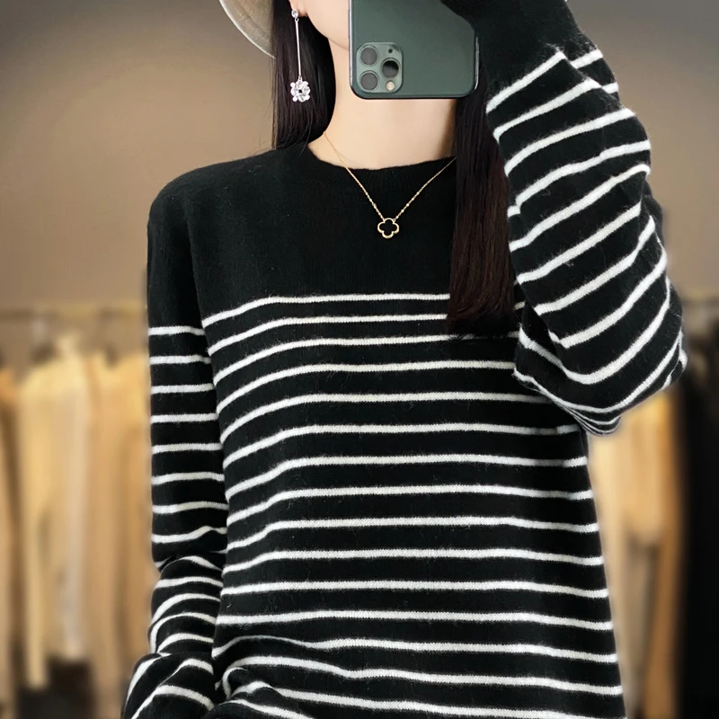 New Women's O-neck Stripe Pullover Sweater 100% Merino Wool Knitwear Autumn Winter Loose Casual Soft Cashmere Sweater Female