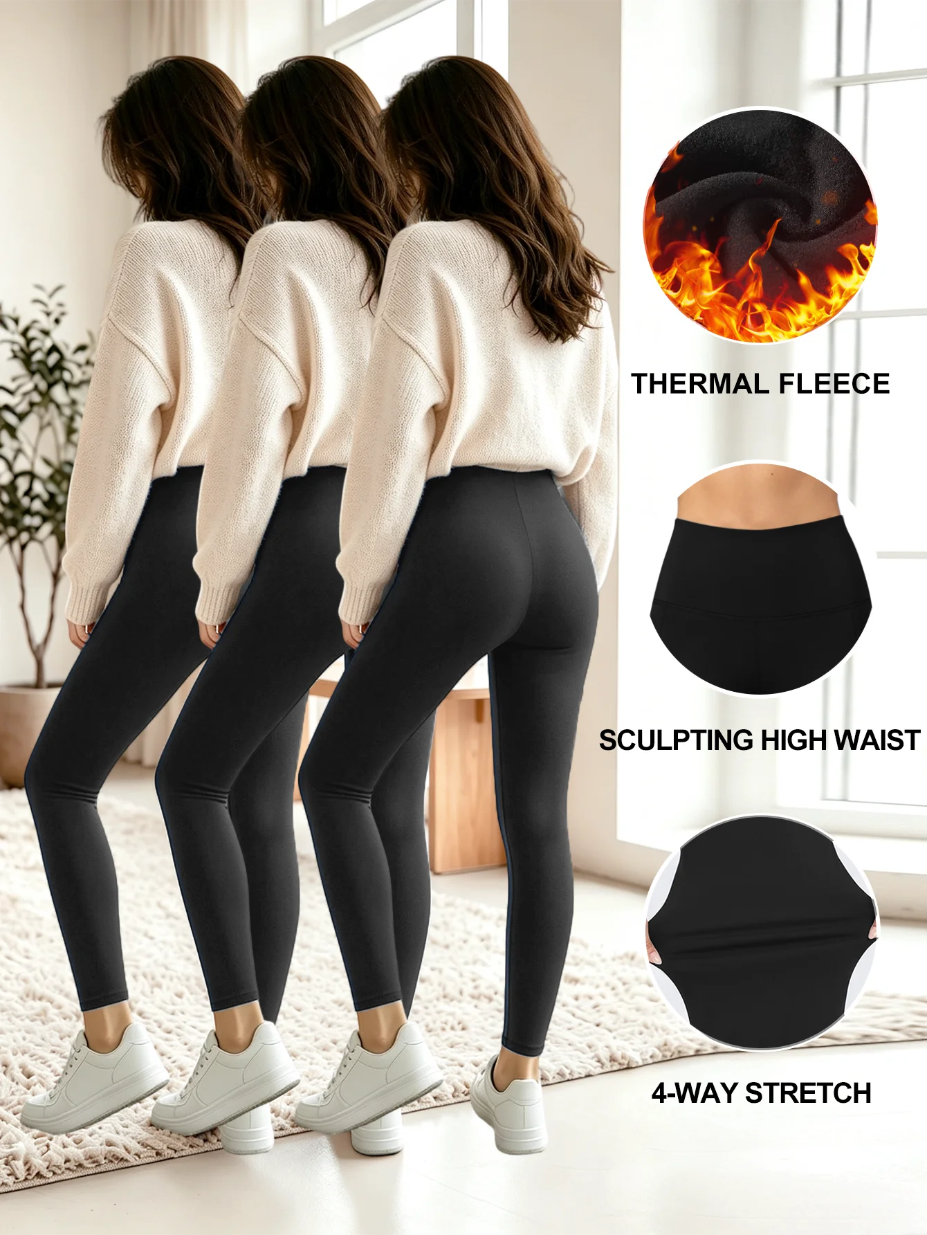 3 Pack Fleece Lined Yoga Pants - Middle Waisted 4-Way Stretch Thermal for Winter Running & Gym