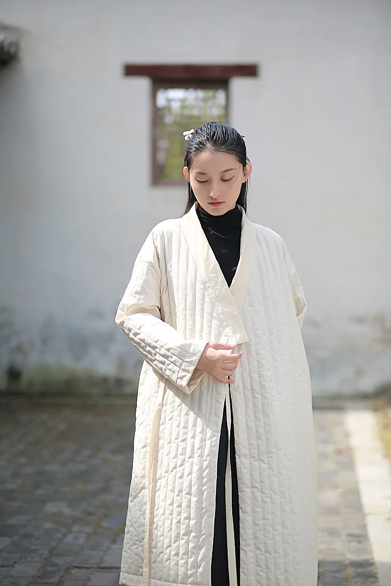 UMI MAO Winter Jacket Cotton Linen Women Clothing Artistic New Chinese Style Slanted Collar Tied High-density Cotton Long Coat