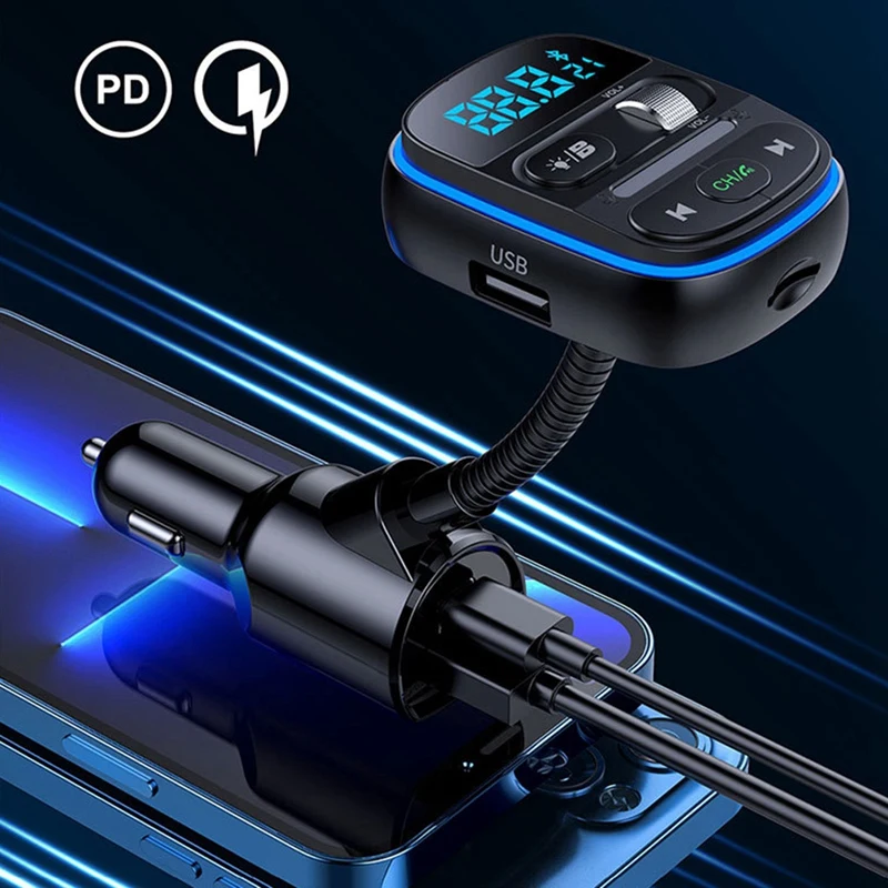 Spare Parts Bluetooth FM Transmitter For Car, Stronger Hifi Bass Microphone, PD 30W+QC 3.0 Adapter With 7 Colors LED