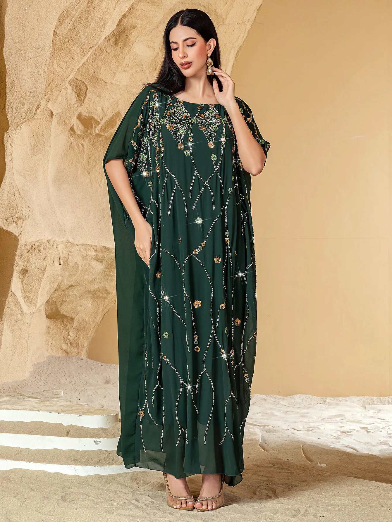 Eid Ramadan Women Morocco Sequins Embroidery Abayas Short Sleeve Dresses Jalabiya Dubai Turkey Kaftan Muslim Loose Caftan Robes