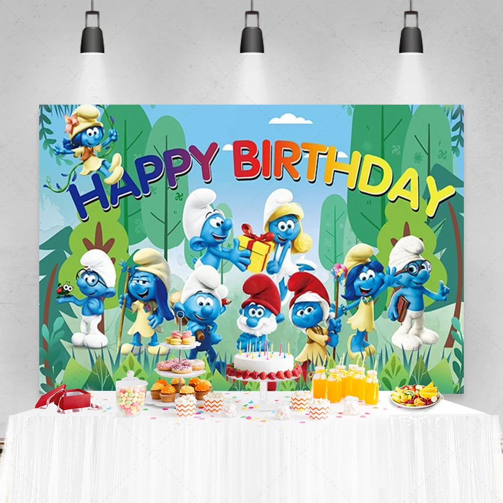 Miniso Smurfs Birthday Party Decoration Background Baby Shower Cake Table Happy Birthday Poster Photography Studio Custom Props