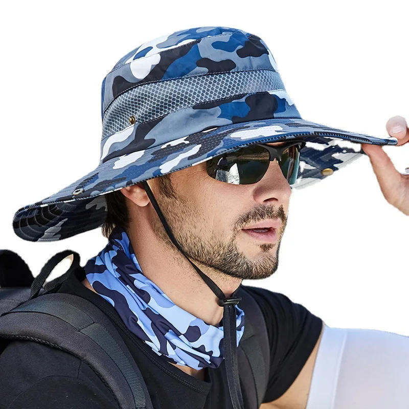 

2022 New Wide Brim Men Women UPF 50+ Camo Sun Hat Chin Strap Safari Summer Boonie Hat For Hiking Fishing