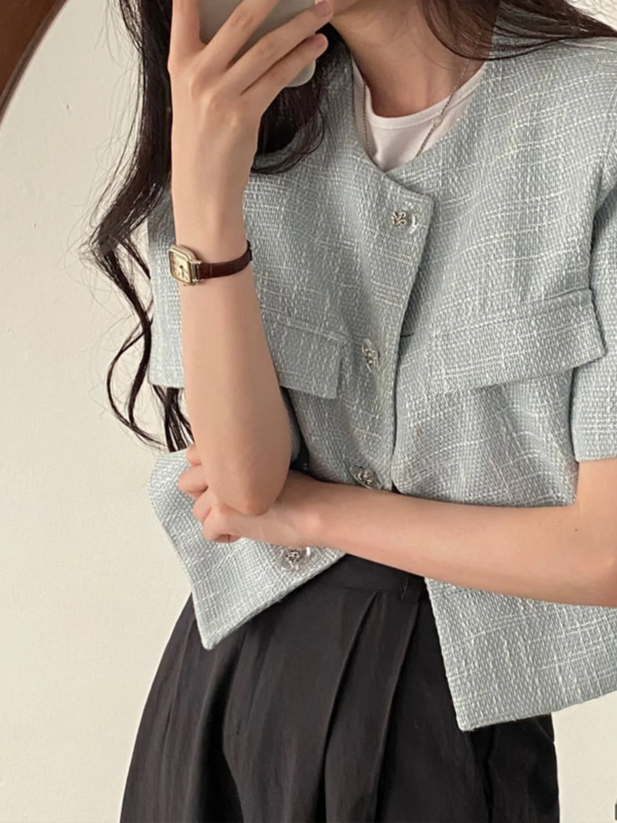 

Chic Retro ort Coat Women's Design Sensation Single Button Thi Tweed ort Sve Top Commute Sle round Ne Summer Fas...