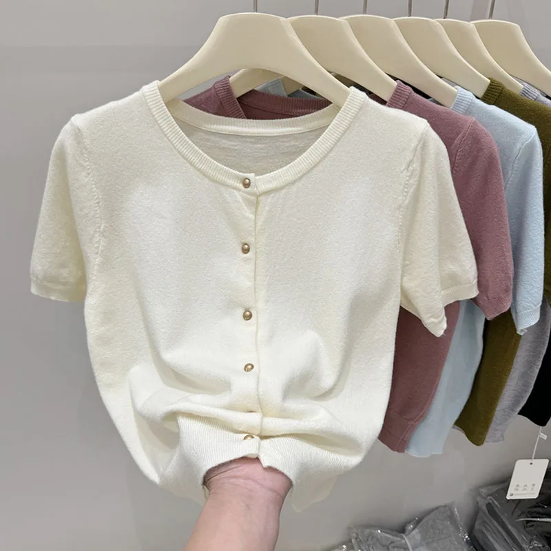 

Knitted Sweater Women Cardigans New Short Sleeve O-Neck Black Knit Sweater Cardigan Women Tops Knitwears Sueters De Mujer Q1303