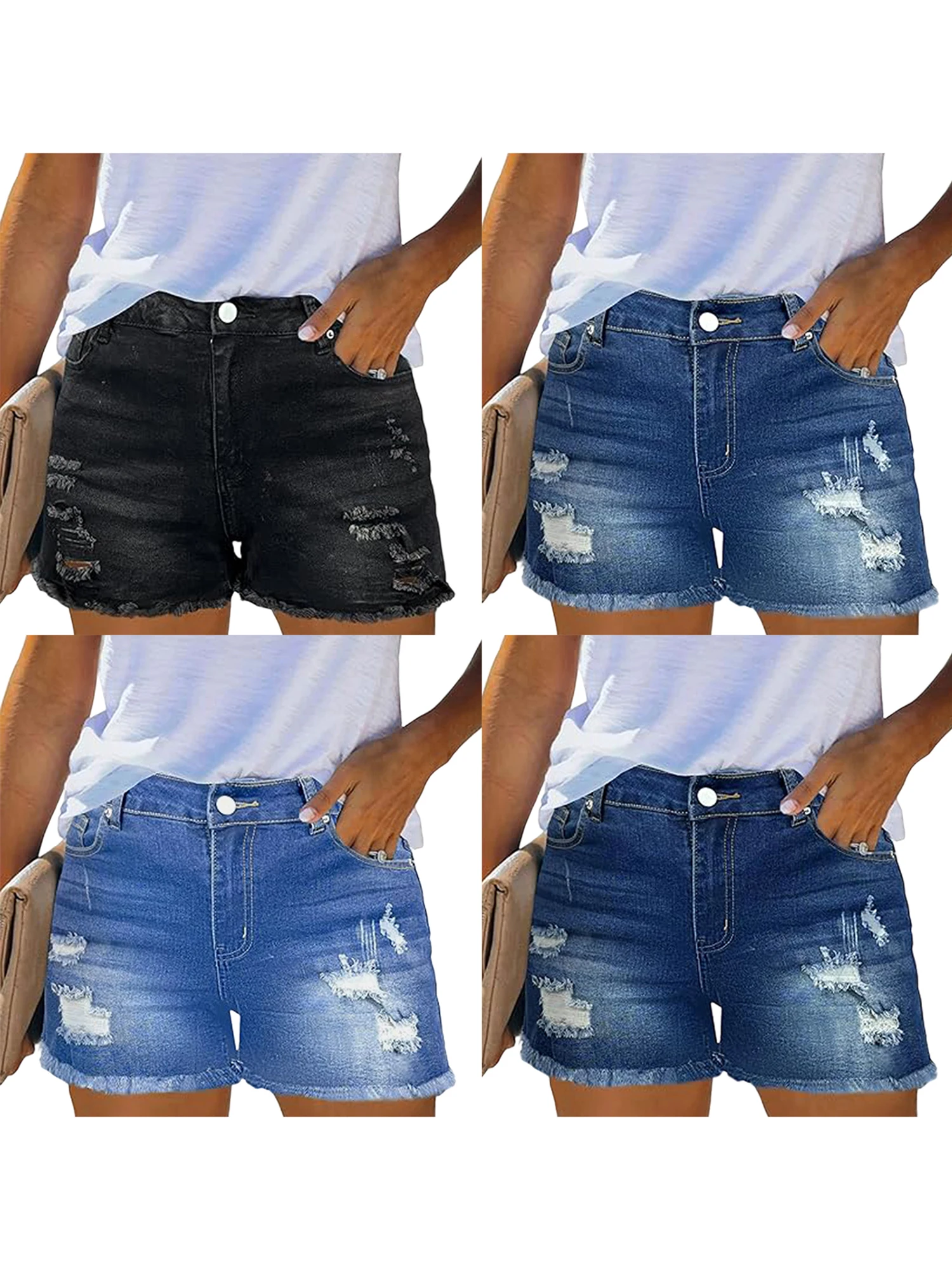 レディースカジュアルサマーハイウエストダメージデニムショートパンツ、裾とポケット付き