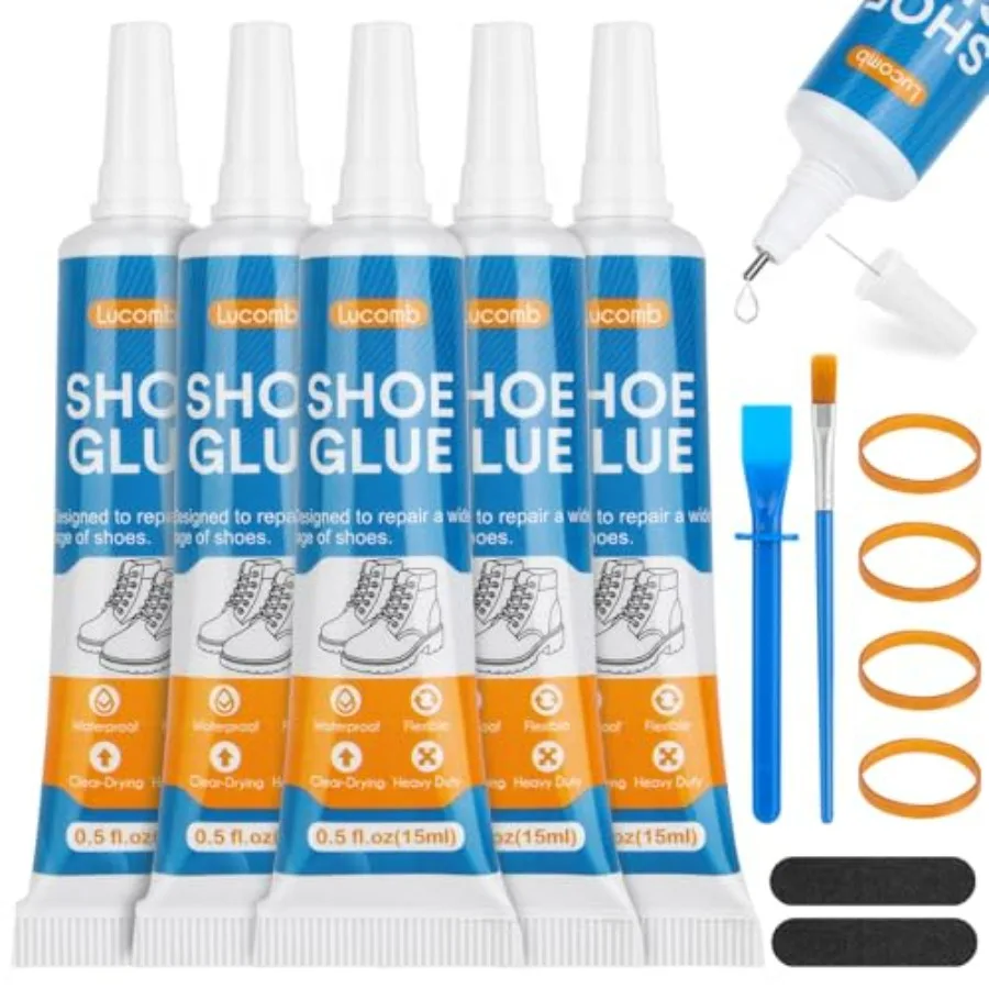 

Shoe Glue 5 x 15 ML Tube Clear Adhesive Glue Shoe Care Kit Repairs Soles, Heels, Patches Small Holes Instant Bond, Dries Within