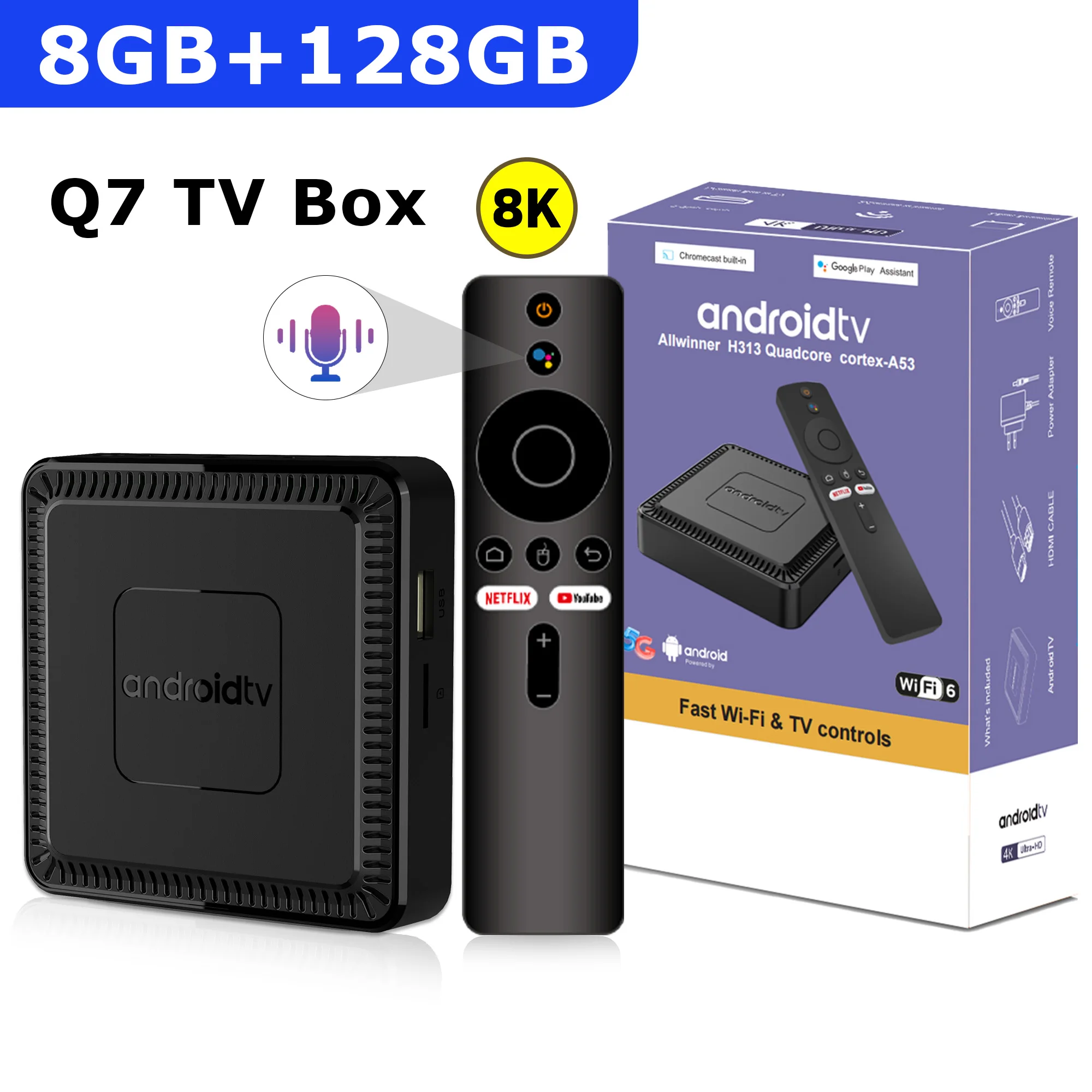 Q7 New Android 14 TV Box 8GB+128GB Smart Network Set-Top Box Supports WiFi 6 Bluetooth 5.0 4K HDR10 Voice Remote Control TV Box