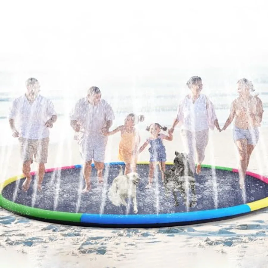 

Outdoor splash pad for adults and dogs: 15 ft extra large non-slip thickened sprinkler pool in blue, featuring summer fun backy