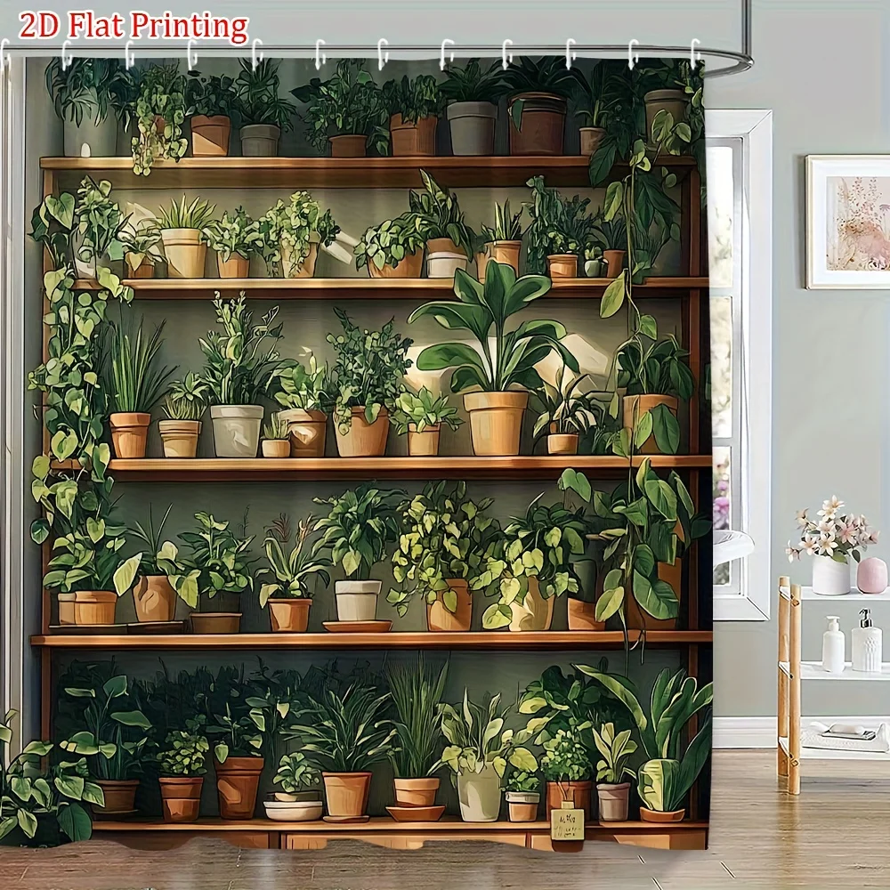 Indoor Plant Shelf Shower Curtain, Potted Greenery & Botanical Garden Print Waterproof Bathroom Decor, Nature Lover Home Bath