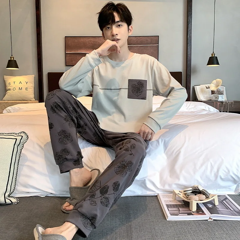 Two Pieces Set Cotton Men's Nightwear Korean Fashion Home Clothes Casual Loungewear Young Boy Pijamas pyjama homme coton