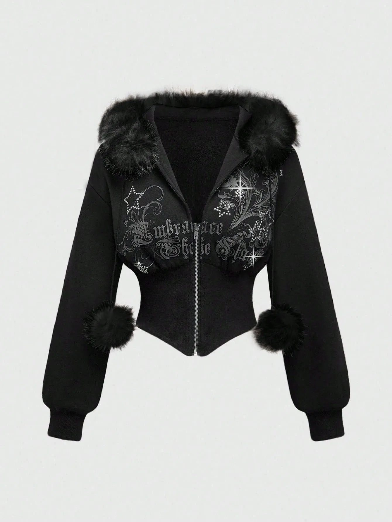 

2026 Американский панк Гранж Эстетический Ретро Меховой воротник Лоскутный кардиган Толстовка Повседневная короткая куртка на молнии на талии для похудения Топ