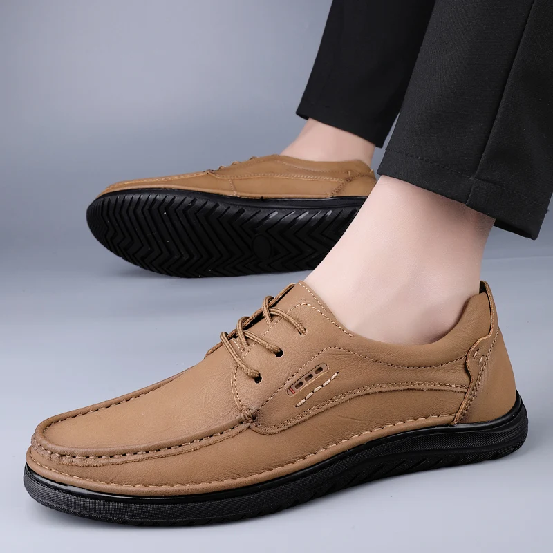 2024 double-layer cowhide thick soled breathable casual leather shoes for men's casual fashion classic hand sewn shoes