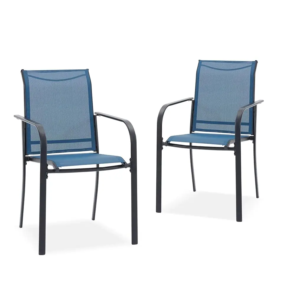 

Patio Chair Set Of 2, Metal Stackable Outdoor Sling Dining Chairs For Lawn Garden, Blue Fabric