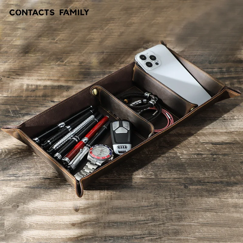 Handcrafted Coffee-Colored Wild Horse Cowhide Tray with Long Rectangular Compartments for Office Desk Arrangement