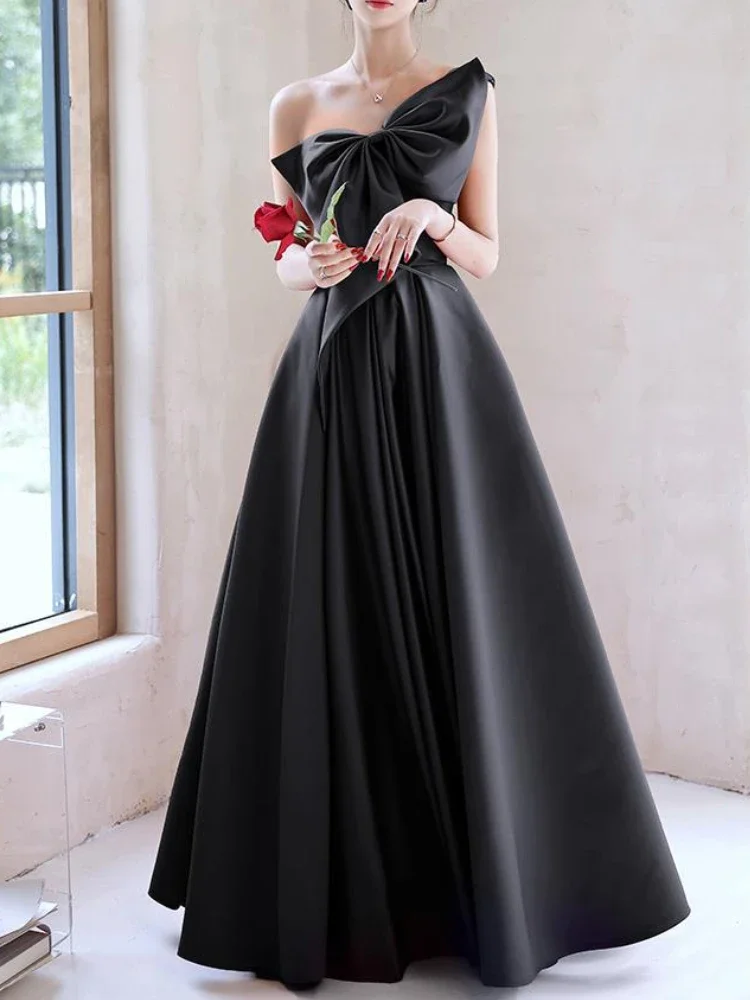 

Elegant Temperament Prom Vestidos Bow Draped One-shoulder Strapless Cross Lace Up Graduation Dress Trendy Party Evening Dresses