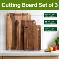 3 Pcs Set of Hanging Hole Acacia Wood Cutting Boards for Slicing Fruits Vegetables Sorting Trays with Juice Grooves And Racks