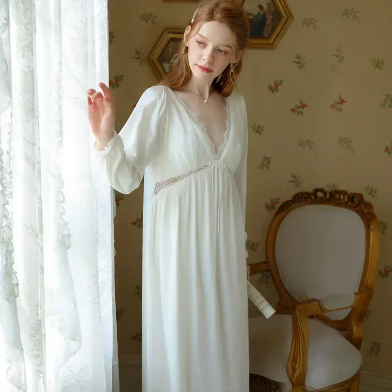 Sweet Sleepwear Victorian Lace Princess Nightwear Sexy Night Dress Women Cotton Spring Summer Long Sleeve Robe Vintage Nightgown