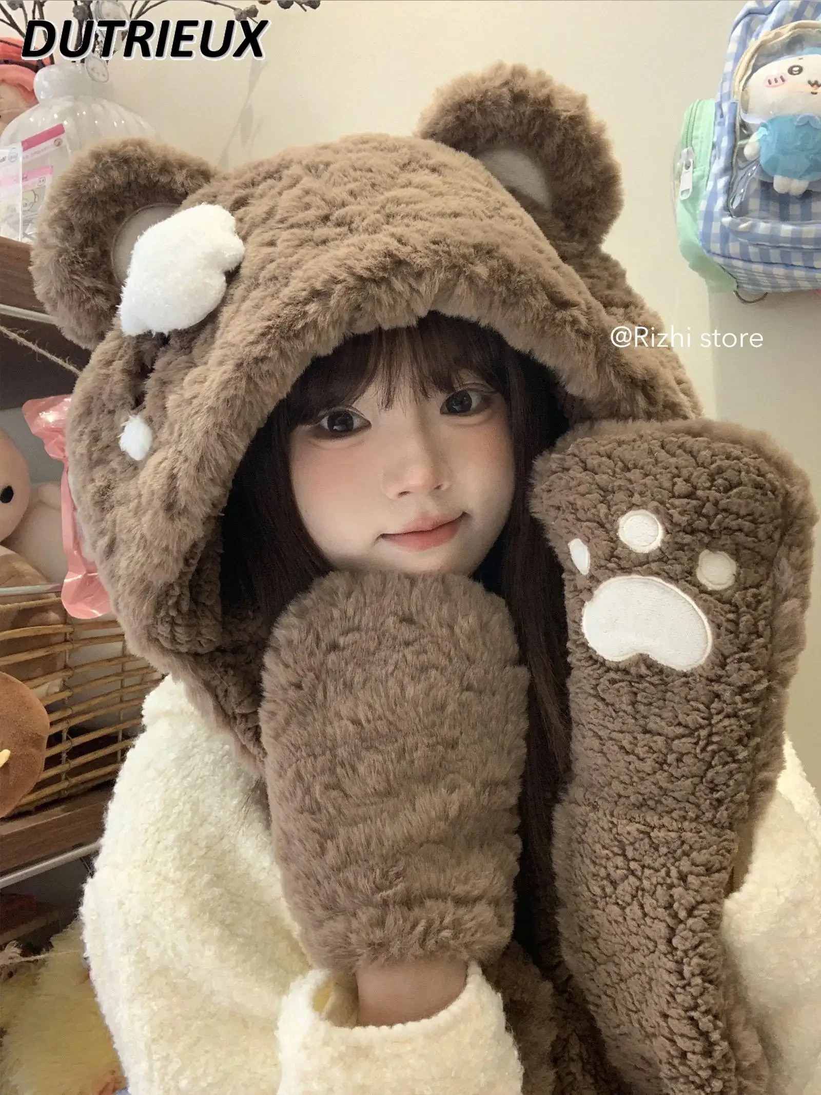 Japanese Original Soft Cute Scarf Hat Integrated Thickened Autumn and Winter Warm Sweet Girls Versatile Loose Caps Accessories