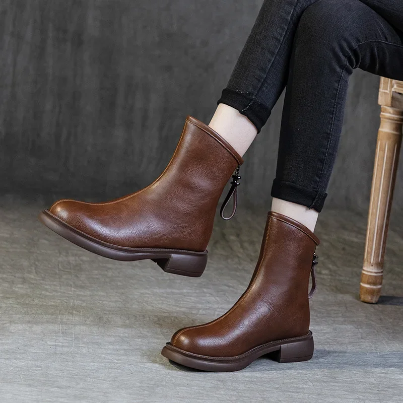 

Women's Cowhide Boots Spring Autumn Vintage Short Boots with Back Zipper Thick Soles and Thick Heels for Women's Boots