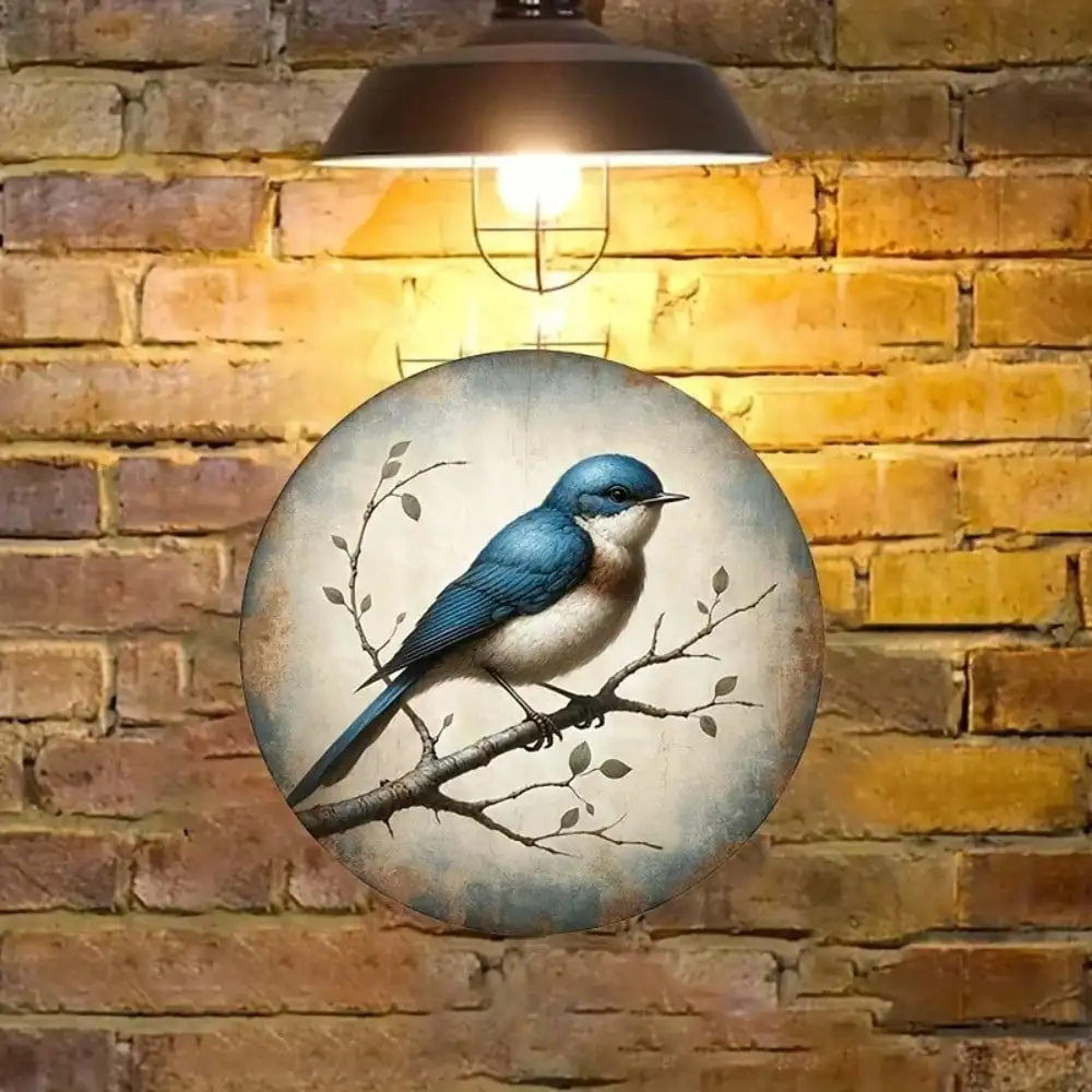 2D Flat High Definition Metal Wall Art Vintage Watercolor Blue Bird Perched on Branch Minimalist Metal Sign Rustic Countryside B