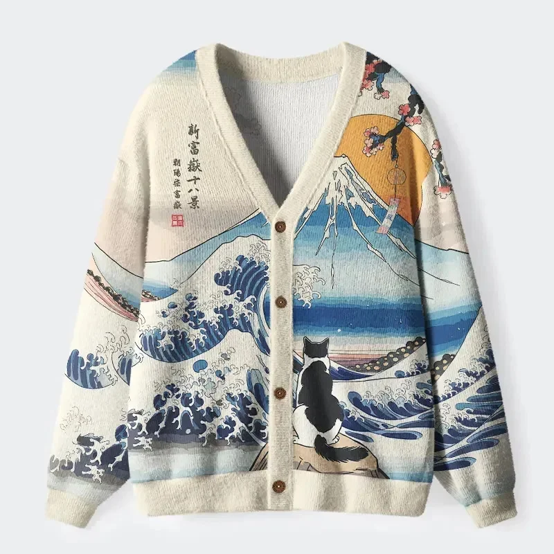 Black Cat in the Wheat Field Long Sleeved Cardigan Sweater for Women Men Casual Knitwear