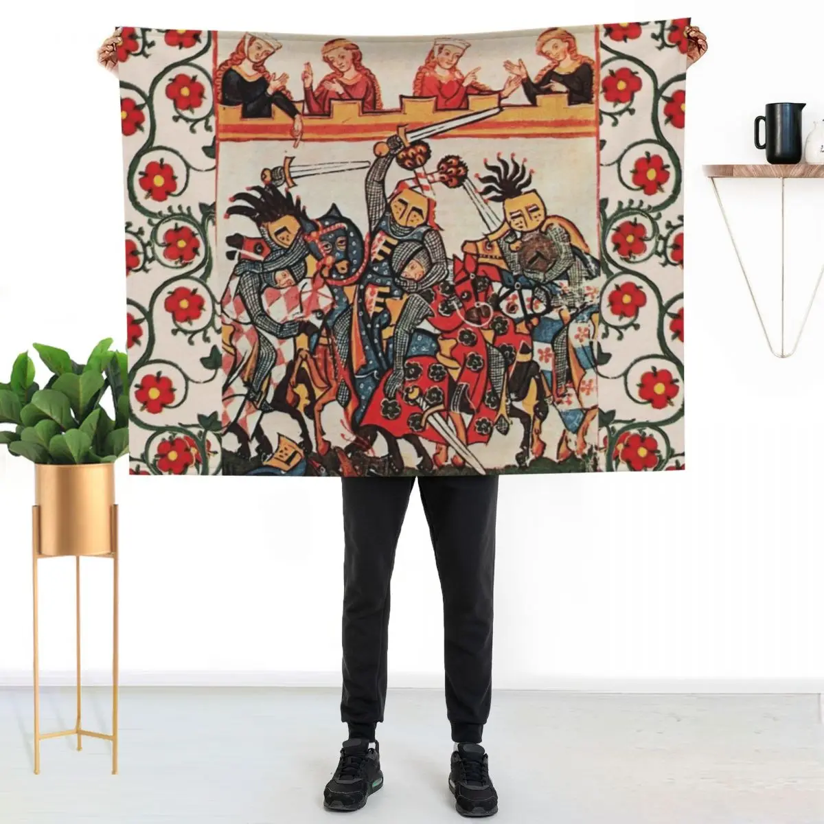 MEDIEVAL TOURNAMENT, FIGHTING KNIGHTS WITH DAMSELS AND RED WILD ROSES Throw Blanket Decorative Throw Single Beach Blankets