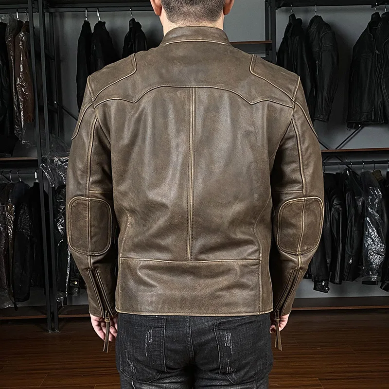 special offer Standing Collar Slim Brown Vintage Motorcycle Genuine Leather Coats Men Cowhide Jacket Normcore Minimalist